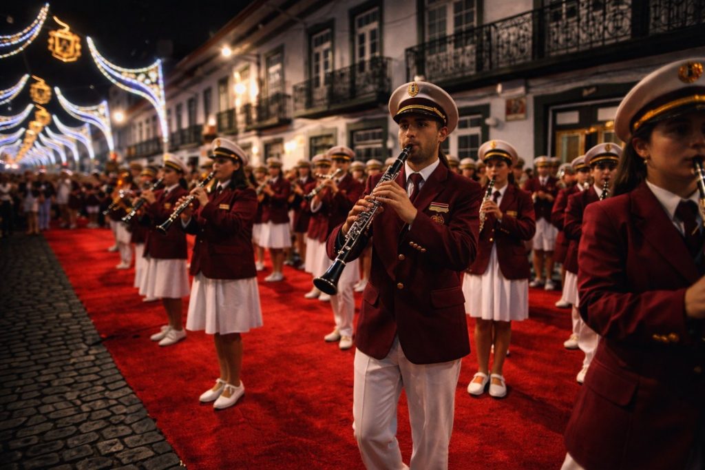 Traditional philharmonic band parade on red carpet at Sãojoaninas in Angra do Heroísmo