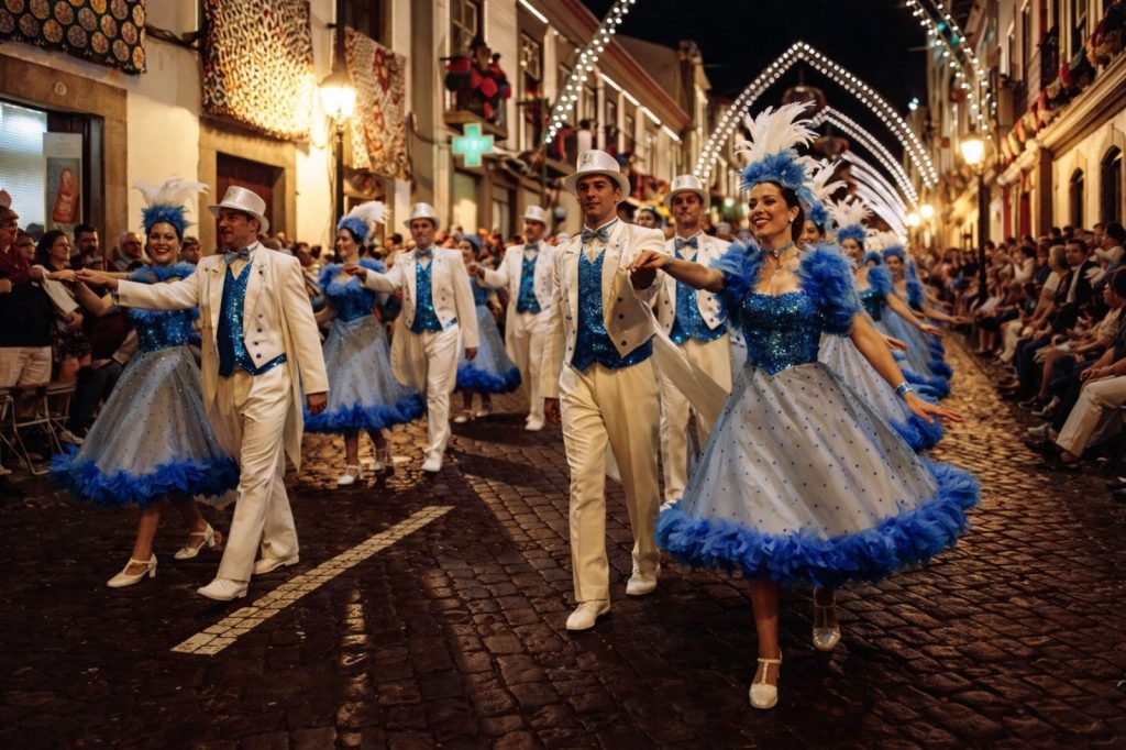 Marchas Populares performers in ornate costumes at Sãojoaninas festival in Angra