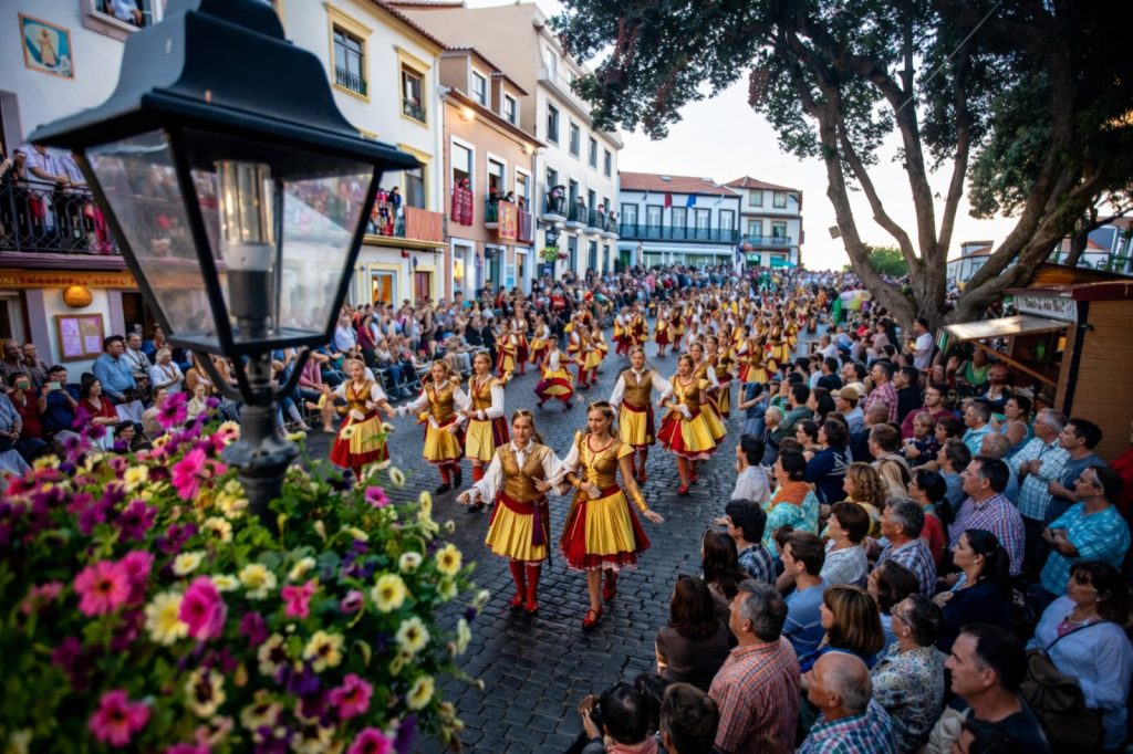 Traditional parish parade during Sãojoaninas festival in Angra do Heroísmo Azores