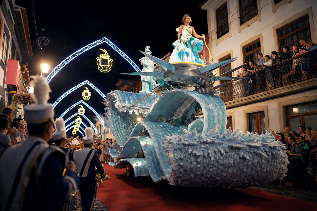 Queen of Sãojoaninas and court riding decorated float in Angra do Heroísmo
