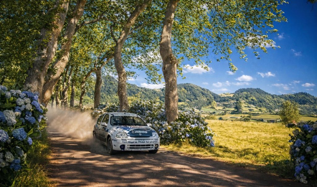 Carro de rali em estrada de terra na ilha Terceira durante o Rali da Praia rodeado por hortênsias e paisagem verde